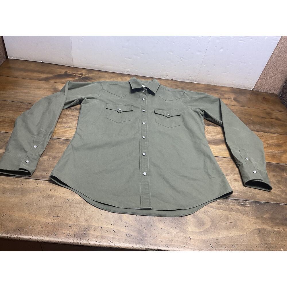 Ann Mashburn Safari Shirt Size Medium Olive Green Button Down Pearl Snap